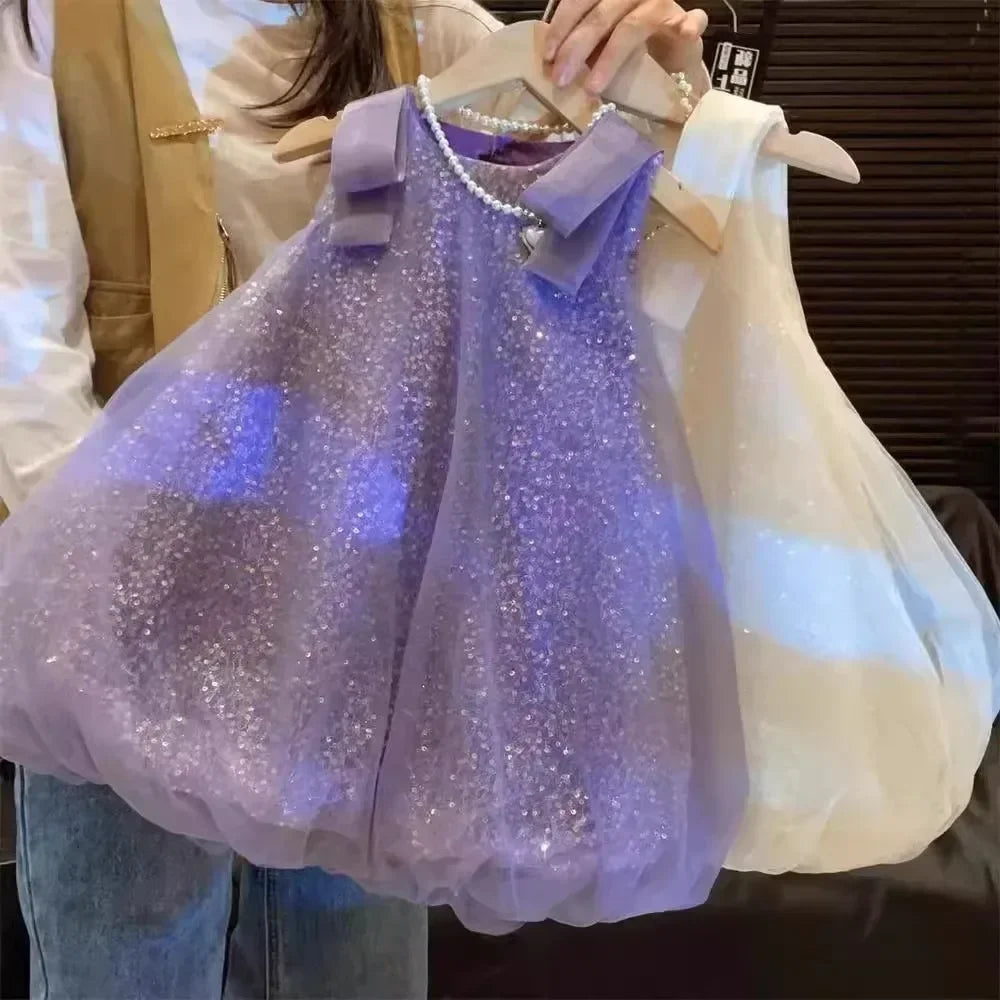 Summer New Girls' Sequined Lace Bow Bubble Princess Dress Korean Version Fashionable Solid Color Kids Clothes 2-7 Years Old