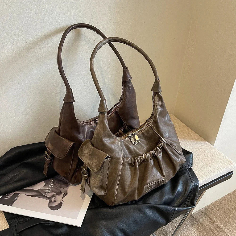 Distressed Vintage Shoulder Bags Women Pleated Y2K Design Large Capacity Retro Hobo Bag 2025 New Designer Handbags Luxury