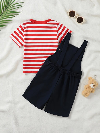 2pcs Baby Boy Clothing Set Red Stripes Short Sleeve T-Shirt with Bear Embroidery And Overalls Casual Comfortable Cute Outfit