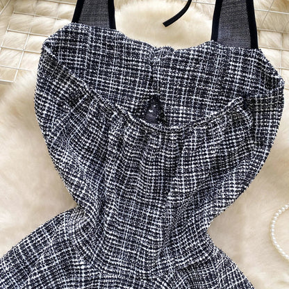 American Summer Women Camisole Halter Buttons Y2K Solid Slim Fit Tops Fashion Chic Tweed Design Hotsweet Tank Top