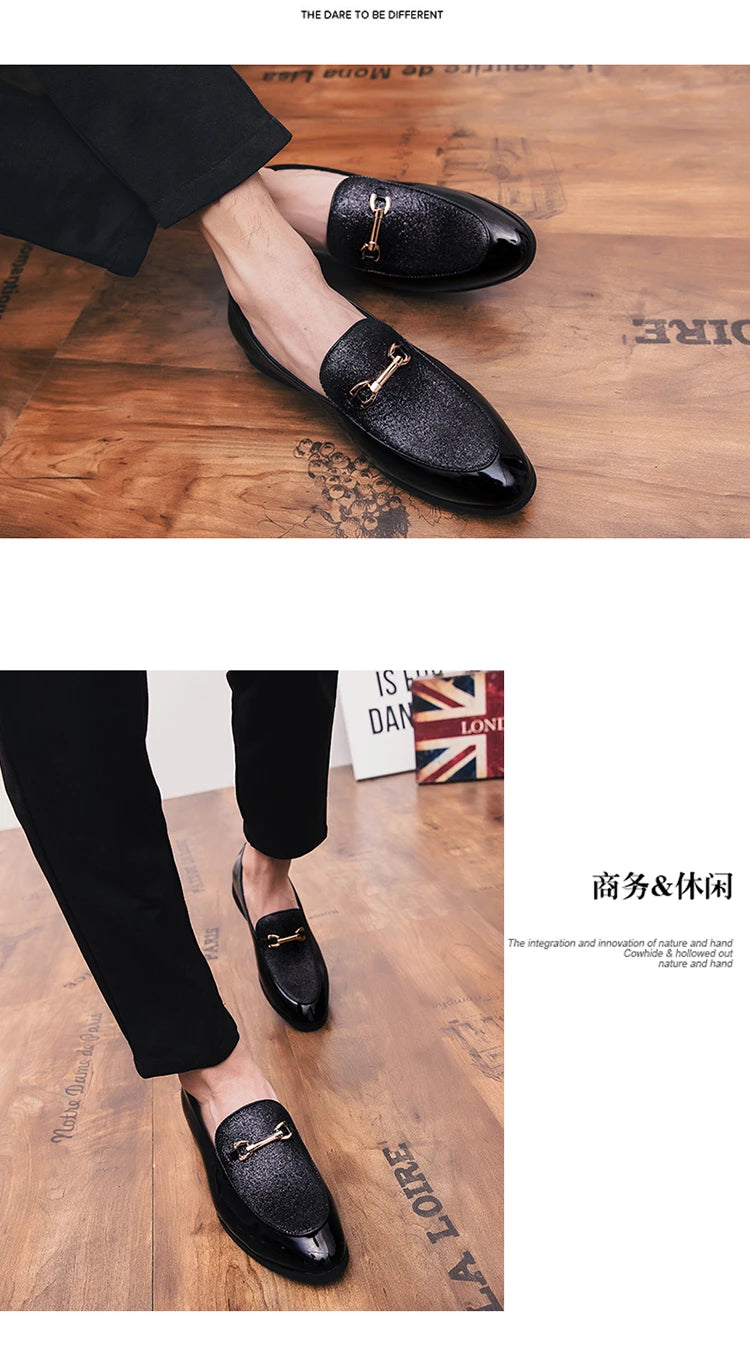 Men's pointed suede formal shoes, retro new patchwork loafers mixed with slipper shoes, wedding dress leather shoes