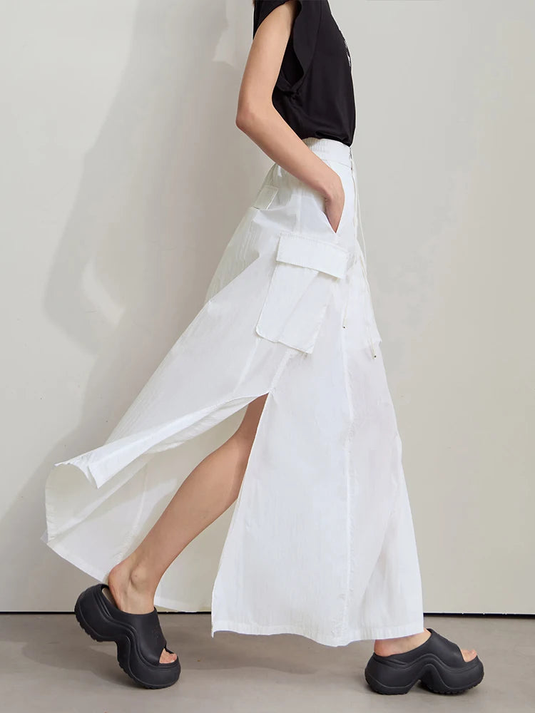 Vacation Long Skirt 2025 Summer Women Loose Sun Protection Office Lady Solid Pockets Elastic Waist Cord Slit Skirt 12542106