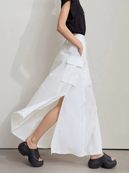 Vacation Long Skirt 2025 Summer Women Loose Sun Protection Office Lady Solid Pockets Elastic Waist Cord Slit Skirt 12542106