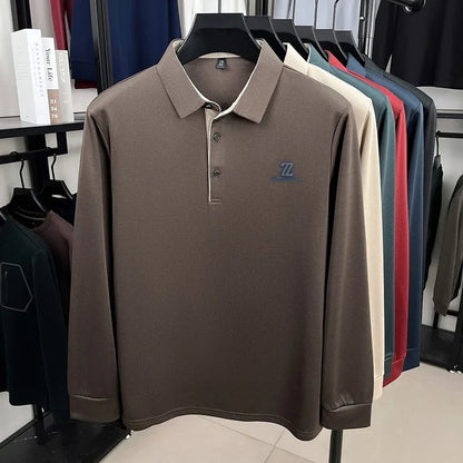 Men's High End Brand Print Solid Color Lapel Polo Shirt Autumn New Skin Friendly Long Sleeved T-shirt Fashion Versatile Menswear