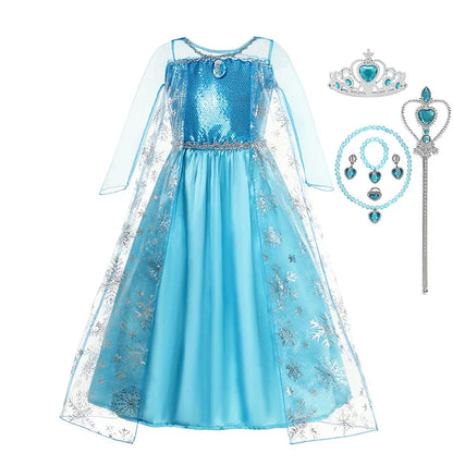 Elsa Dress for Girls Elsa Mesh Long Dress Costume Children Kids Carnival Snow Queen Cosplay Dress Purim Birthday Party Ball Gown