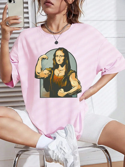 Playing Pranks on Mona Lisa Fitness Print Womens T Shirt Casual T-Shirt Casual Short Sleeve Loose Tshirt
