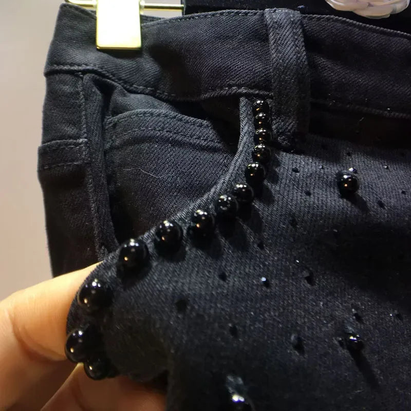 Summer New Heavy Embroidery Rhinestone Denim Patchwork Hook Flower Hollow Lace Straight Leg Wide Leg Pants Casual High Waist ...