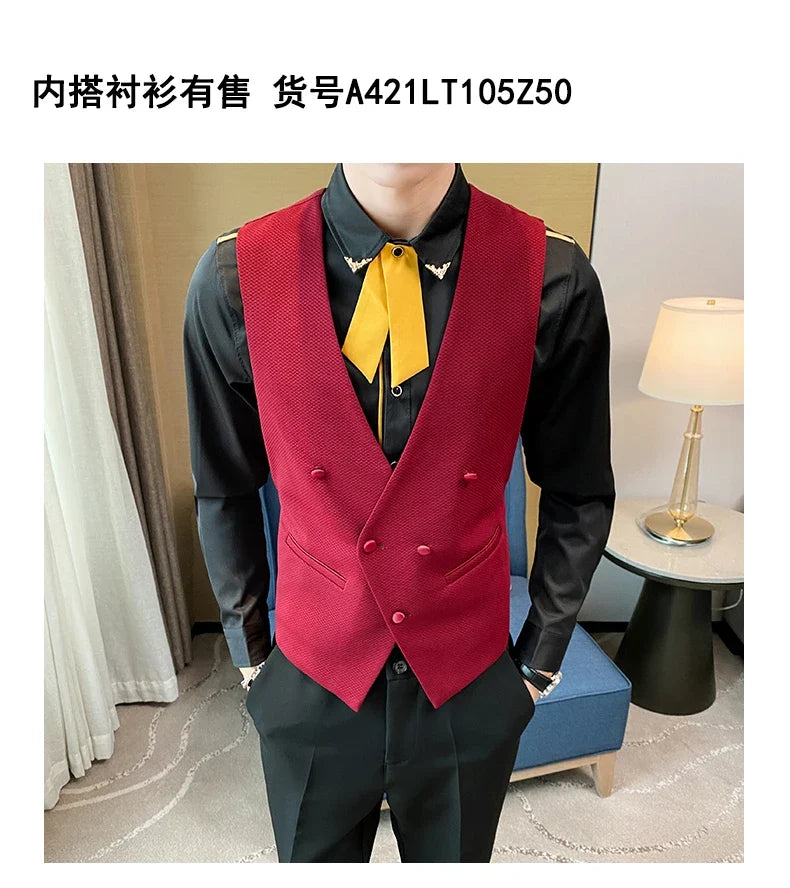 2025 New Fashion Men's Double Breasted Gentleman Dress Casual Vest Fashion Nightclub Bartender Work Clothes V Neck Vest Jacket