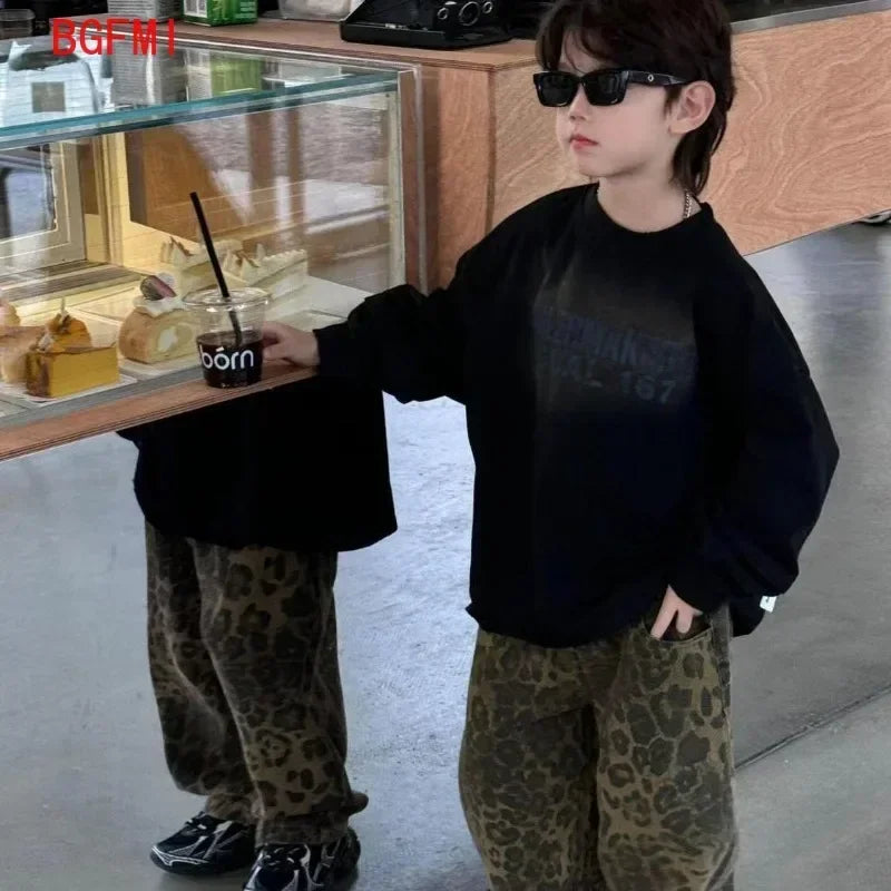 Boys Spring Autumn New Korean Children's Black Letter Sweatshirt + Leopard Vintage Denim Loose Pants Girl Kid Fashion 2pcs Set