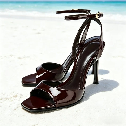 Elegant Burgundy Patent Leather High-heel Sandals Women Fashion Square Toe Stiletto Designer Shoes Sexy Open-toe Slingback Heels