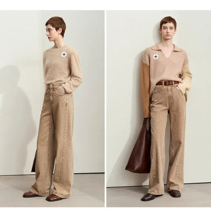 Minimalism Women's Jeans 2024 Autumn New Casual Cotton Denim Pants Retro Trendy Loose Straight Wide-leg Trousers 12443249