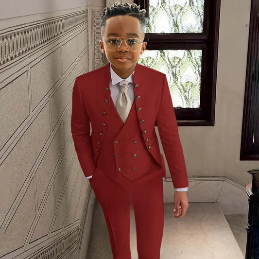 Fashionable Kids Stand-up Collar Suits 3 Pieces Jacket Vest Pants Performance Outfit Comfortable Boys Tuxedo Wedding Guest Wear