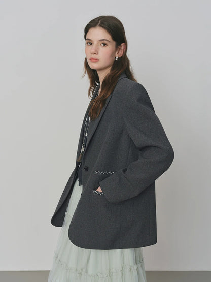 Contrast Color Line One-pocket Suit Jacket 2025 Autumn New Loose Versatile Notch Lapel Jacket 25FS13150