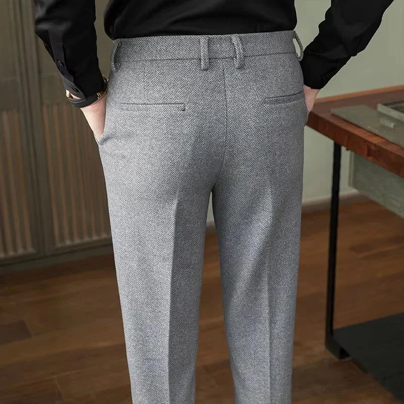 Autumn Winter Man Elastic Pants Herringbone Straight Leg Trousers Knitted Business Casual Banquet Men's Suit Pants