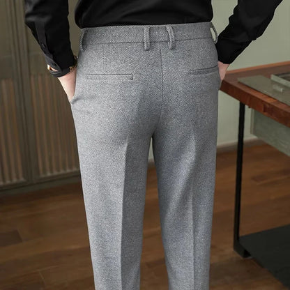Autumn Winter Man Elastic Pants Herringbone Straight Leg Trousers Knitted Business Casual Banquet Men's Suit Pants