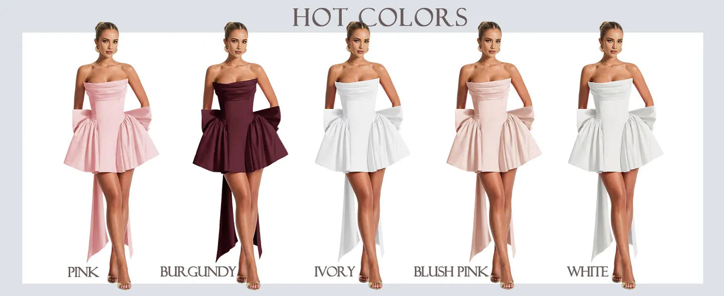 2025 Satin Strapless Back To School Dress with A Large Bow At The Back, Mini Skirt for Teenagers Cocktail Dress Short DanceDress