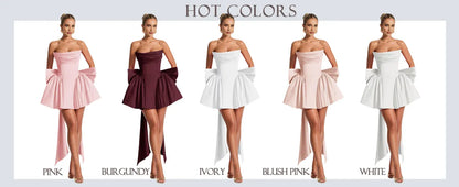 2025 Satin Strapless Back To School Dress with A Large Bow At The Back, Mini Skirt for Teenagers Cocktail Dress Short DanceDress