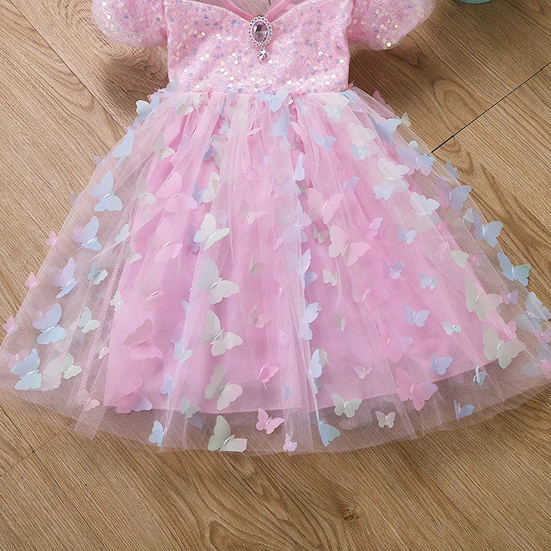 Baby Girls Butterfly Wings Fairy Gauze Princess Puff Sleeve Dress Lovely Kids Summer Tulle Dress Child Birthday Party Gown Dress