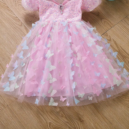 Baby Girls Butterfly Wings Fairy Gauze Princess Puff Sleeve Dress Lovely Kids Summer Tulle Dress Child Birthday Party Gown Dress