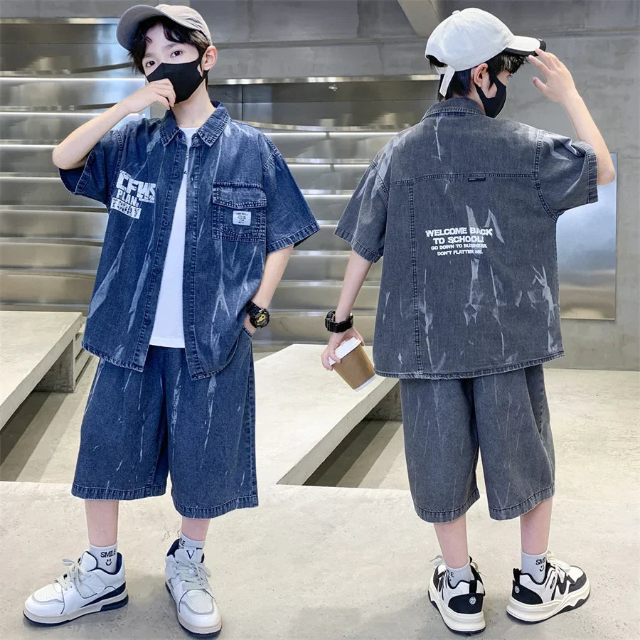 Cool Summer Set for Boys Denim Top and Bottom Set Kids Child Short Sleeve Shirt And Shorts 2 Pieces Outfits Suit Age 5-14 Years