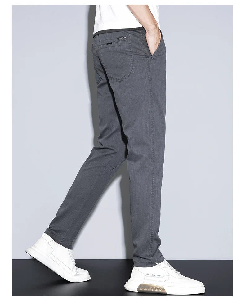 Spring Summer Thin Men's Slim Straight Casual Pants Fashion Korean Solid Color Elastic Comfortable Business Gray Trousers