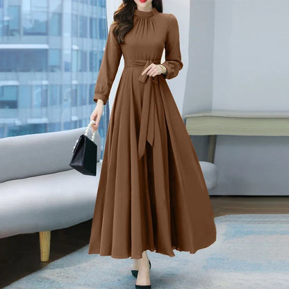 Women Long Sleeve A-line Sundress Spring Long Dress Autumn Solid Party Holiday Maxi Dresses Vestidos Femme Vintage Robe