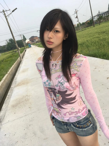 Karrram Japanese Y2k Anime Print Mesh Tops 2000s Aesthetics Pink Sheer Top Vintage Harajuku Kawaii See Through T-shirt Lolita