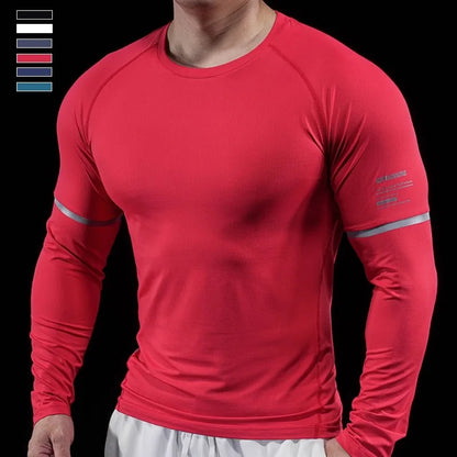 Autumn New Men's Sports Gym Fitness Clothes Reflective Strips Round Neck Training Long-sleeved T-shirt Running Slim Breathable