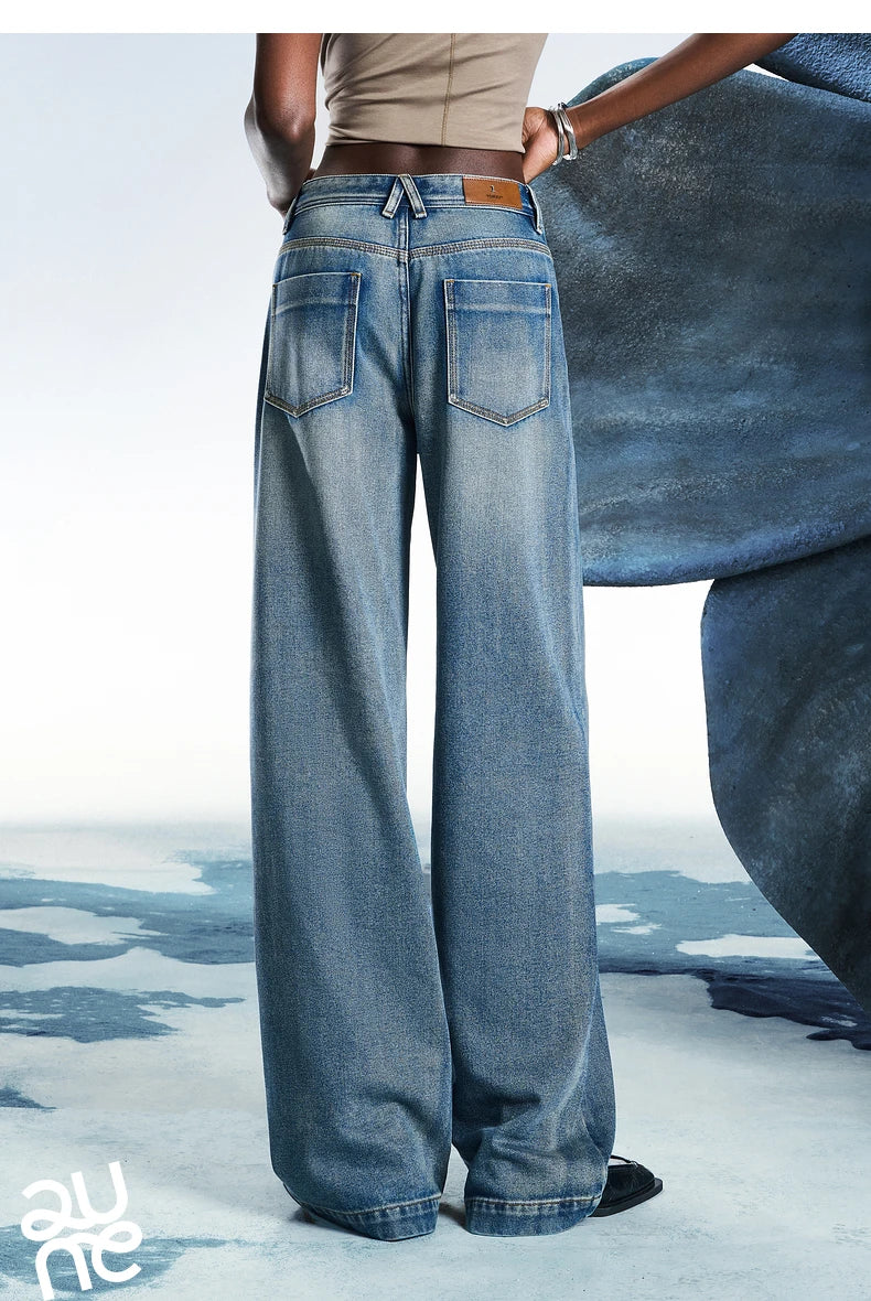 Women Denim Jeans 2025 Spring New Acetate Wide Leg Mid Low Waist Slim Fit Straight Wide Leg Pants