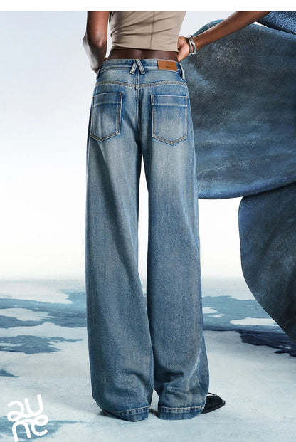 Women Denim Jeans 2025 Spring New Acetate Wide Leg Mid Low Waist Slim Fit Straight Wide Leg Pants