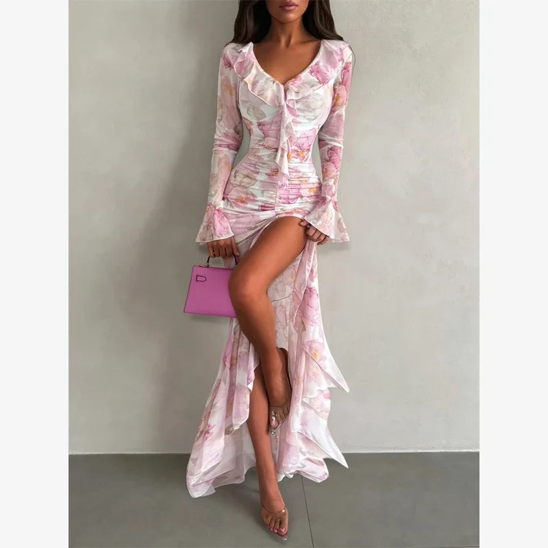 V-neck Organza Floral Chiffon Puff Sleeve Slit Long Dress Bodycon High Slit Bodycon Sexy Dresses Lady Chic Daily Sweet Date Robe