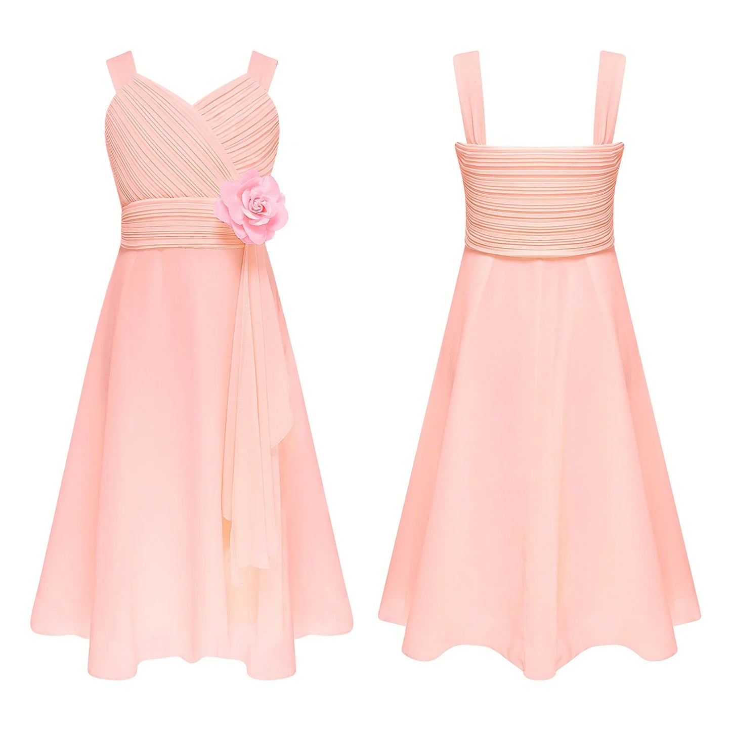 Summer Fashion Flower Girls Dress Wedding Birthday Party Kids Chiffon Dress Sleeveless Ruched Bodice Elegant Princess Dress