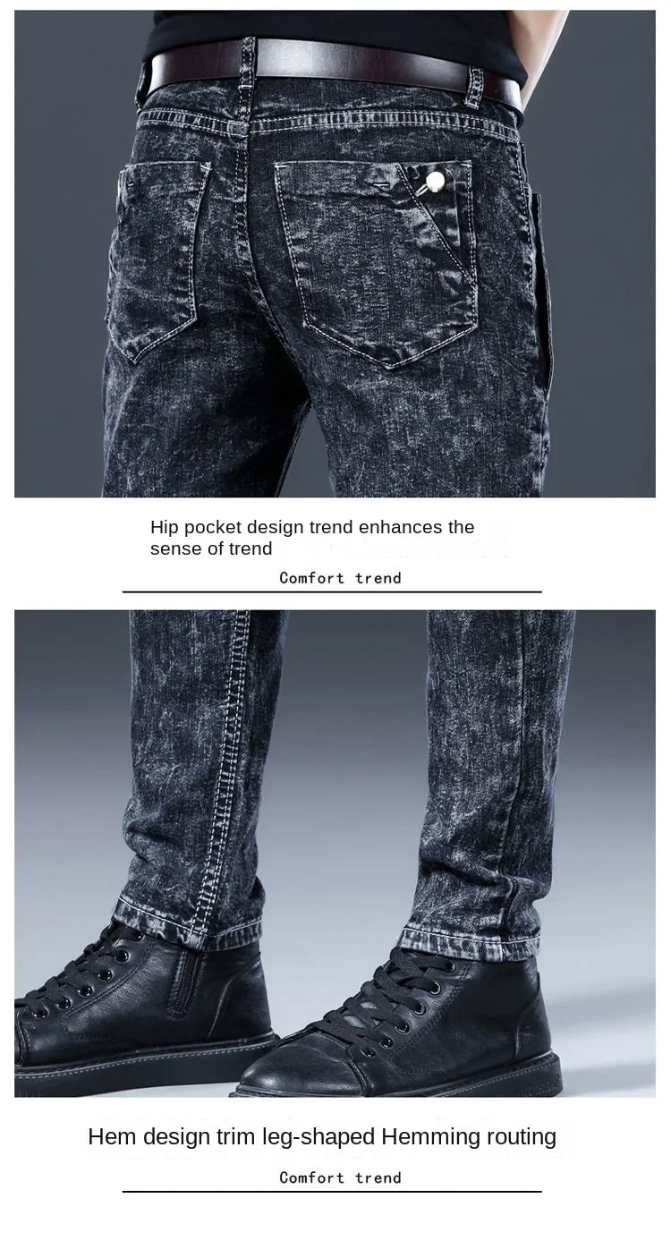 Autumn Winter Brushed Cowboy Luxury Slim Designer Clothes Male Korean Style Denim Skinny Plush Grey Jean Pants Trousers for Men