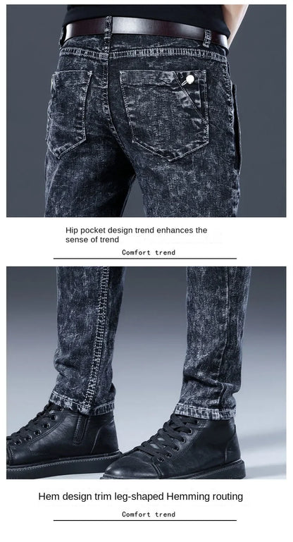 Autumn Winter Brushed Cowboy Luxury Slim Designer Clothes Male Korean Style Denim Skinny Plush Grey Jean Pants Trousers for Men