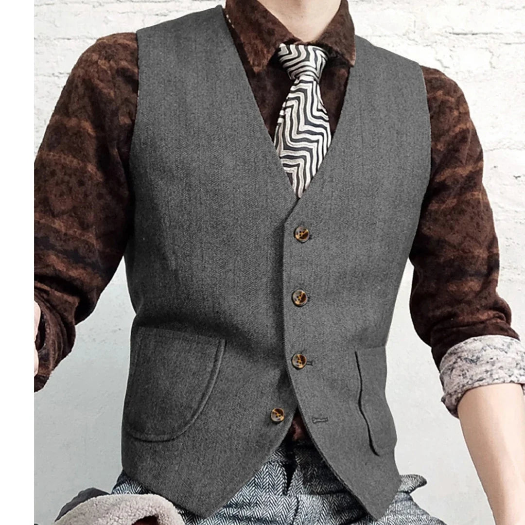 Men Vest Gray Herringbone Single Button V Neck Waistcoat For Wedding Banquet Business Office Work Daily Casual Men Suit Vest