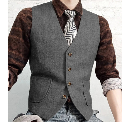 Men Vest Gray Herringbone Single Button V Neck Waistcoat For Wedding Banquet Business Office Work Daily Casual Men Suit Vest