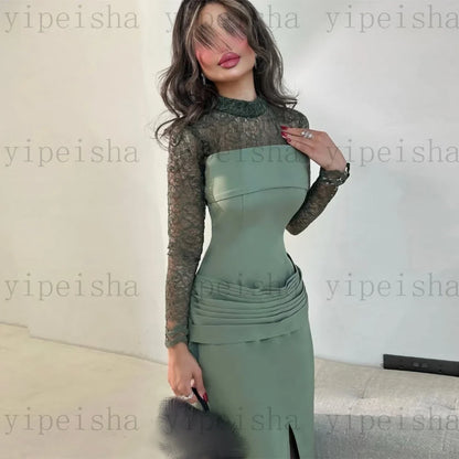 Customized High Neck Evening Dresses Front Split Ankle-Length Lace Full Sleeve Prom Gown Modern Pleat Straight Party Dress