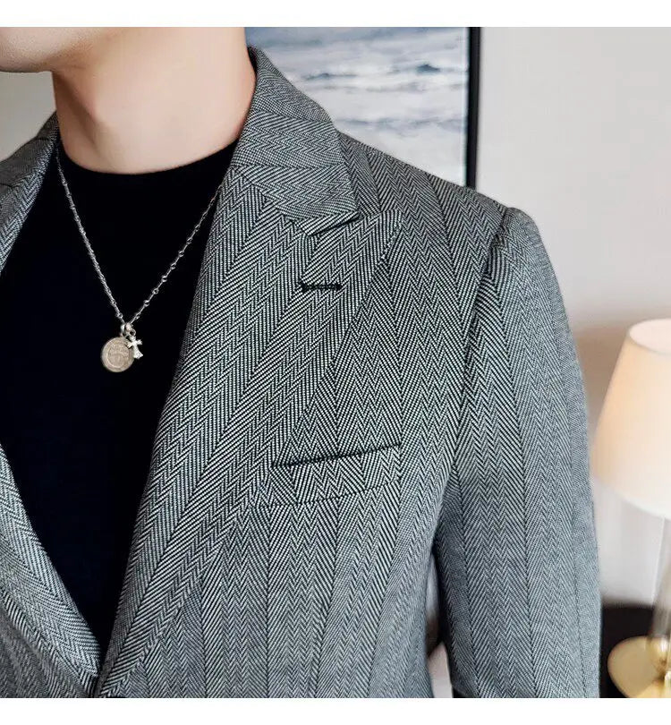 Men's Herringbone Stripe Suit Blazer Classic Lapel Dress Jacket Elegant Slim Fit Fashion Simple Casual Business Prom Suit Jacket