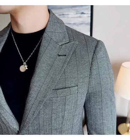 Men's Herringbone Stripe Suit Blazer Classic Lapel Dress Jacket Elegant Slim Fit Fashion Simple Casual Business Prom Suit Jacket