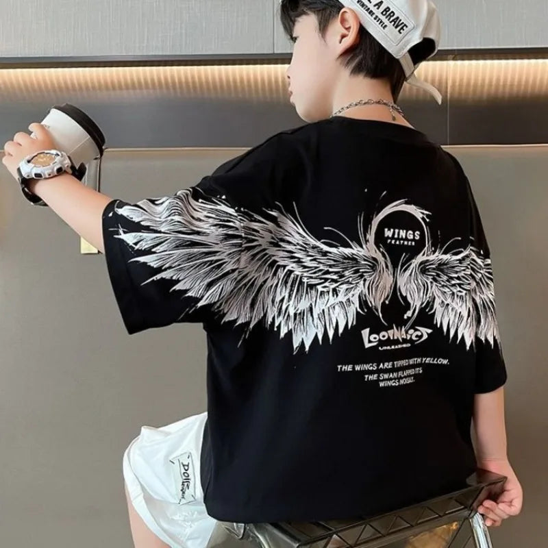 2026 Summer Kids Wing T-Shirt Cotton Loose Stylish Boy's Shirt Big Kids Summerwear