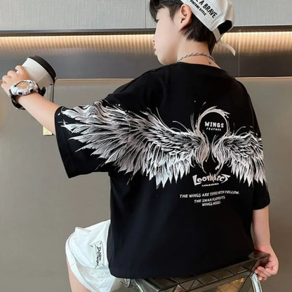 2026 Summer Kids Wing T-Shirt Cotton Loose Stylish Boy's Shirt Big Kids Summerwear