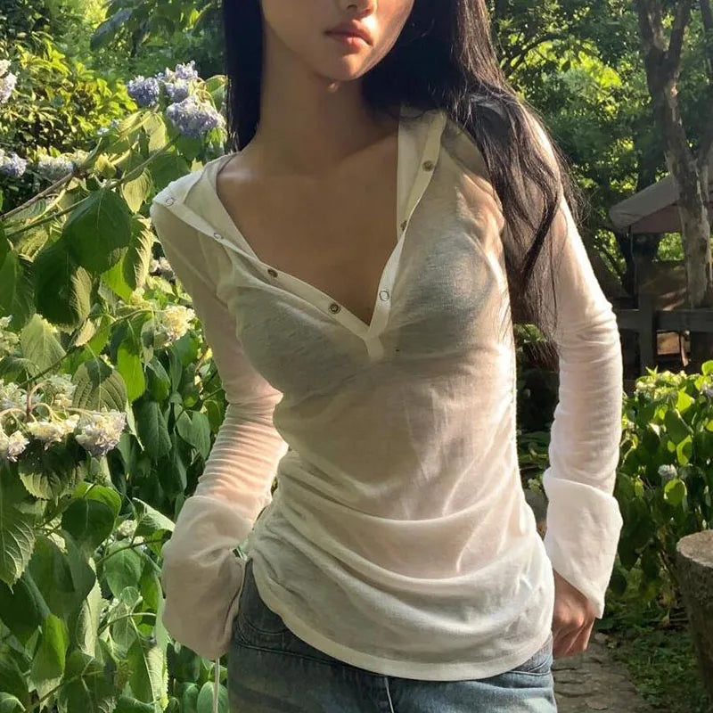 Y2K Sexy See Through Hooded T-Shirt Women Summer Sun Protection Long Sleeve V-Neck Sheer Top Harajuku Streetwear White Tee 2026