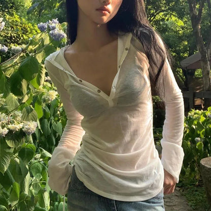 Y2K Sexy See Through Hooded T-Shirt Women Summer Sun Protection Long Sleeve V-Neck Sheer Top Harajuku Streetwear White Tee 2026