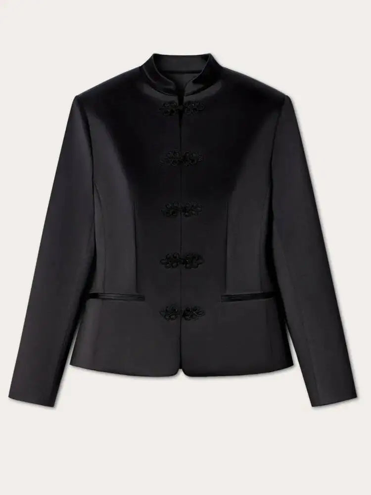 Women's Spring Summer Mandarin Collar Frog Button Cropped Chinese Style Blazer Casual 2026 Trendy Feminine Fashion Coat