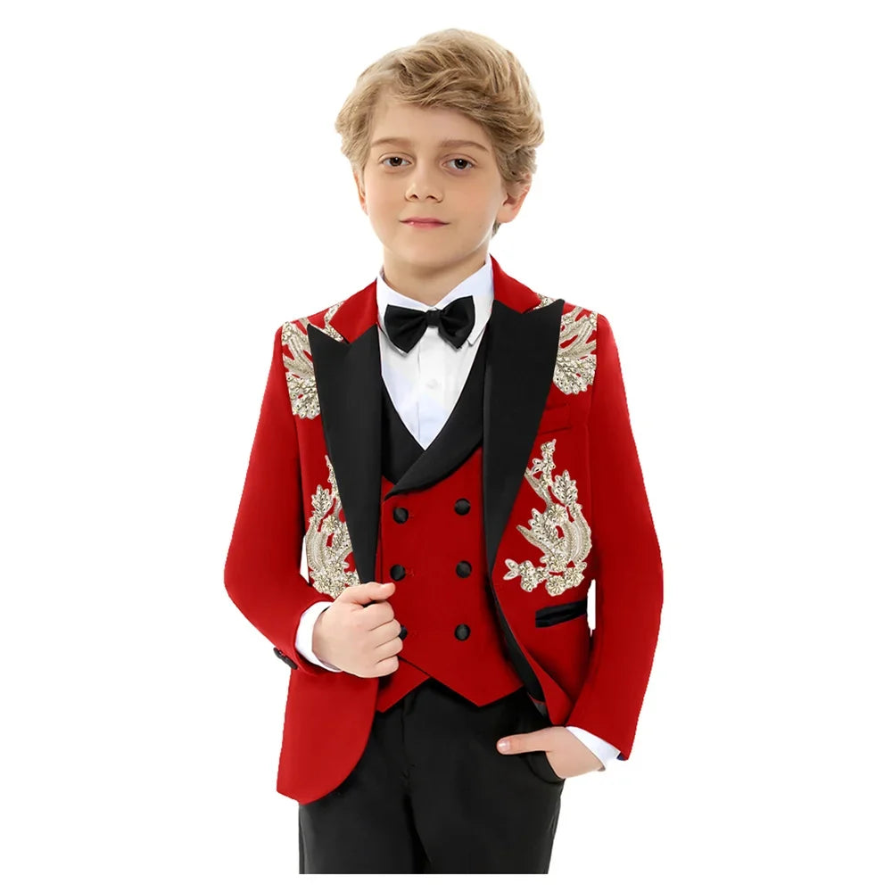 Christmas Boys Slim Fit Suis 4 Pieces Jacket Vest Pants Bow-tie Exquisite Red Beaded Suit Set Birthday Party Outfit 3-14T