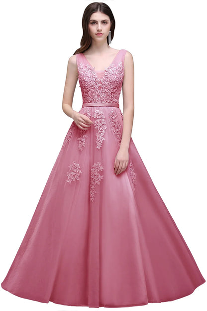 Women Burgundy Evening Dress Lace Appliques Tulle V-Neck Sexy Backless Prom Dresses A-Line Floor-Length Sleeveless Party Vestido