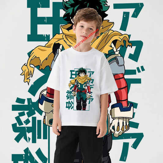 Kids Cotton Tshirt Mha Midoriya Print Anime Cartoon Tops for Boys Girls 100-160cm Casual Tee Children Clothing