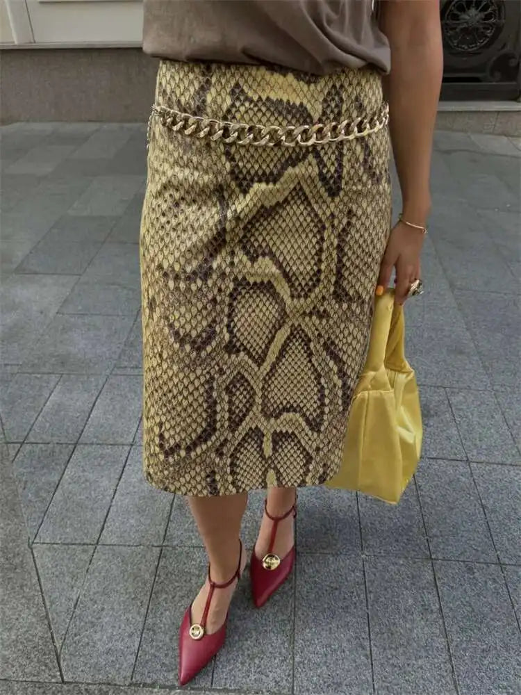Snakeskin Printed Fashion Skirt Women's High Waist Slim Contrast Patchwork Commute Streetwear Female Vintage Y2k Skirt DDX8
