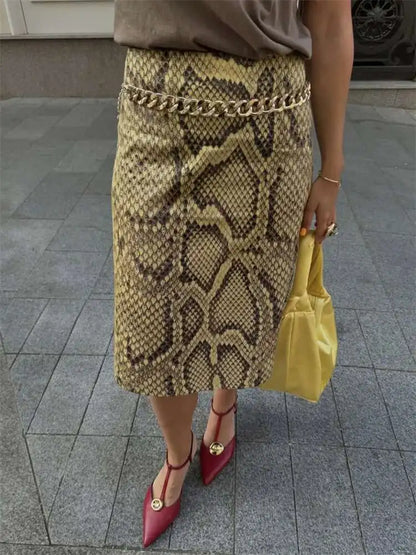 Snakeskin Printed Fashion Skirt Women's High Waist Slim Contrast Patchwork Commute Streetwear Female Vintage Y2k Skirt DDX8