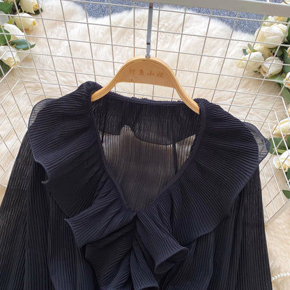 Ruffles Pleated Romantic Tops Thin Spring Summer V Neck French Elegant Blouse Fairycore Flowy Office Lady Luxury Shirt